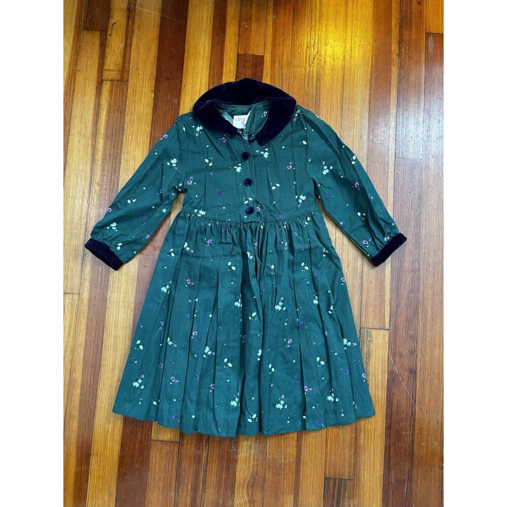Vtg Mousefeathers Girls Floral 5T Cottage Core Dress Green Ruffles Velvet Collar